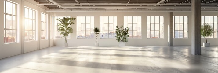 A bright and open studio space adorned with potted plants, large windows offering a city view, and warm natural light, providing a calm ambiance.