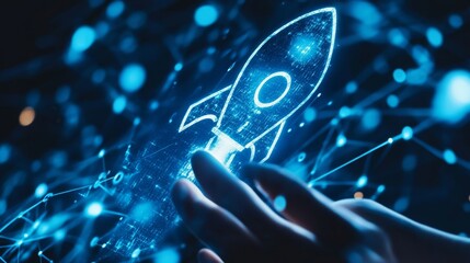 Hand Holding Digital Rocket, Symbolizing Business Growth and Innovation - A hand cradles a glowing digital rocket, representing rapid advancement, innovation, and future success in business. The rocke