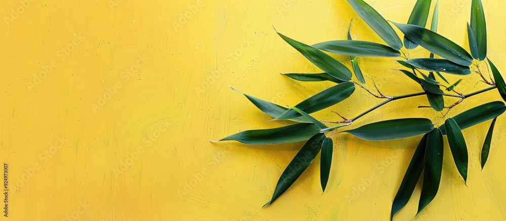 Aufkleber top-down view of a bamboo branch on a yellow asia-themed background, ideal for adding text with copy