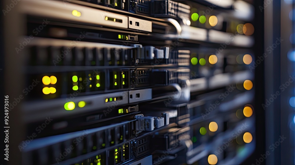 Poster a modern server rack in a data center, managing vast amounts of communication data.