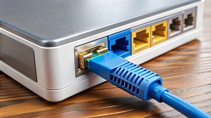  RJ-45 connector plugged into a wireless router, established internet connection, high-speed data transfer, reliable network access, and wireless connectivity for devices and gadgets.
