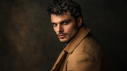 Obraz premium Handsome Man in Brown Coat Looking Intently - A young man with a serious expression, wearing a brown coat, stands against a textured background. He conveys confidence, determination, and a touch of m