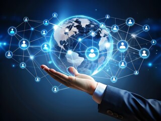 Fototapeta premium Hand interacting with futuristic virtual screen displaying global network connections, data exchange, and customer base, symbolizing online business collaboration and digital communication.