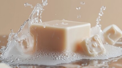 A bar of soap sits in a pool of water, surrounded by suds and splashes.  The soap is clean and fresh, suggesting a sense of cleanliness and purity.
