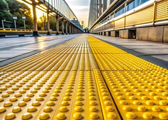 Bright yellow tactile guides on a pedestrian walkway provide visual and sensory cues, facilitating safe navigation for individuals with visual impairments or disabilities.