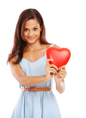 Happy woman, portrait and love with heart or sign for support or care on a white studio background. Young female person or model with smile, emoji or symbol for romance, embrace or valentines day