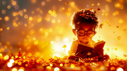 Young child reading a book surrounded by falling autumn leaves in a warm, golden light during the fall season