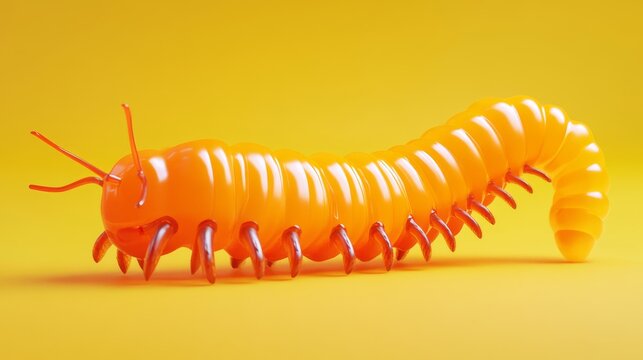 A bright orange, segmented, cartoon worm with spindly legs crawls across a yellow background.