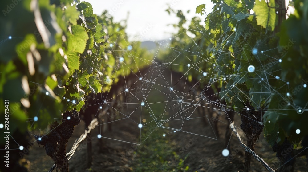 Poster a network of sensors collecting data from a vineyard, connected to a central system.