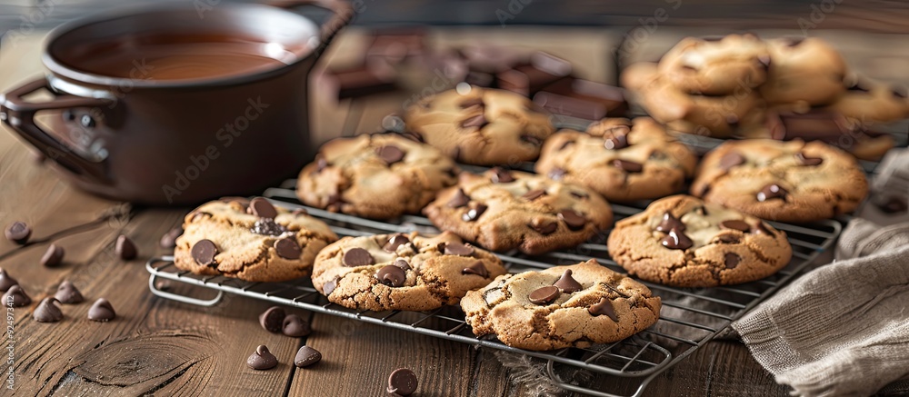 Poster display of chocolate chip cookies on a cooling rack next to a chocolate pot with available copy spac