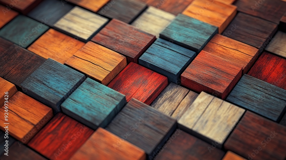 Poster a close-up of a colorful wood block pattern. the blocks are arranged in a staggered pattern, creatin