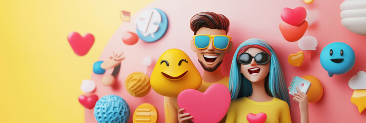Happy Couple Celebrating Love and Social Media Success - A cheerful couple surrounded by hearts, emojis, and social media icons, symbolizing love, connection, happiness, online community, and positive
