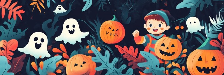Fototapeta premium Happy Halloween with Spooky Pumpkins and Friendly Ghosts - A cute illustration of a boy dressed up for Halloween surrounded by pumpkins and friendly ghosts, symbolizing fun, festivity, trick or treati