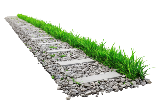 A narrow stone pathway surrounded by green grass and pebbles on a white background, ideal for garden and landscape design concepts.