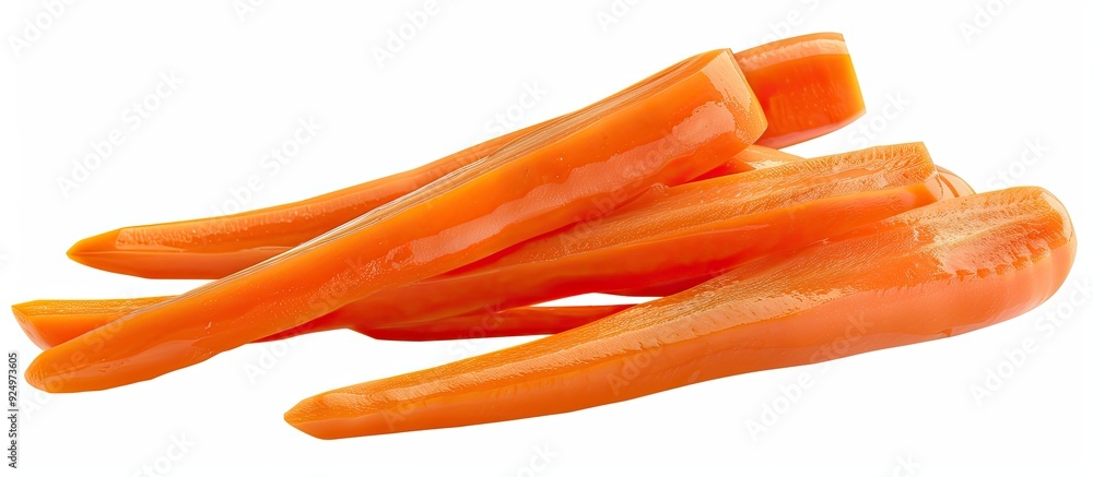 Poster isolated on a white background a front view of orange carrots with stick shaped slices provides a cl
