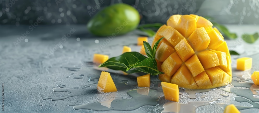 Poster a ripe mango sliced and diced displayed on a gray table with a leaf for eating creating a visually a