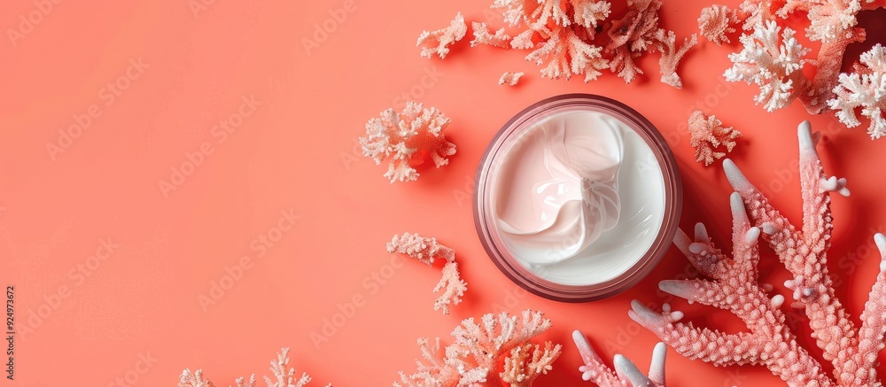 Aufkleber top view of face cream sample on coral background with copy space image
