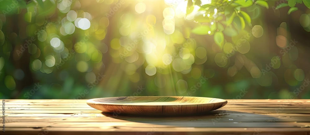 Poster wooden table with an empty plate on top set against a green blurred background ideal for a picture w