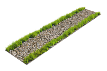 A well-maintained garden path with symmetrical green grass borders and decorative pebbles, ideal for landscaping and outdoor decor.