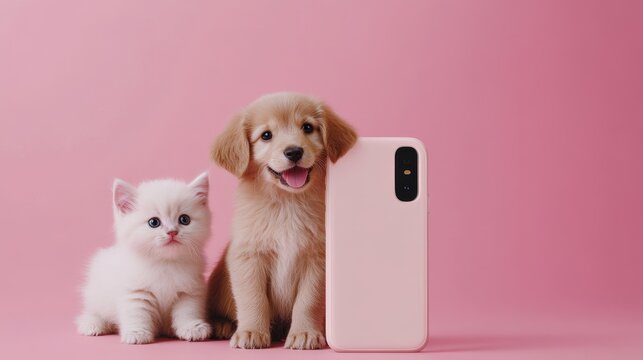 A cute kitten and puppy sit beside a pink smartphone against a pink background.