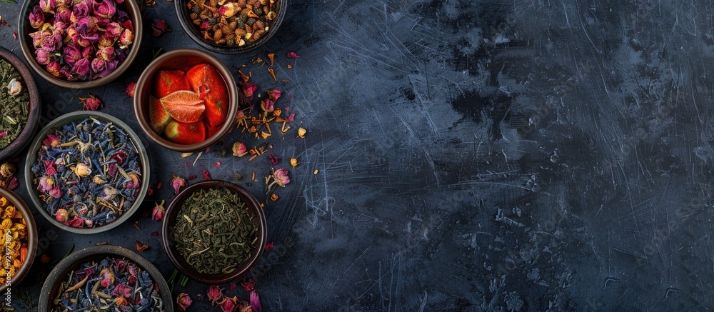 Poster top-down view of herbal and fruit dry teas displayed on a stone table, alongside a blank space for y