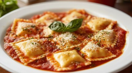 A plate of freshly made ravioli, filled with cheese and topped with marinara sauce.