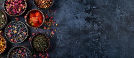 Top-down view of herbal and fruit dry teas displayed on a stone table, alongside a blank space for your own image. image with copy space