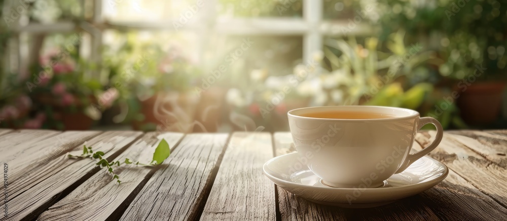 Poster elegant tea cup with space for text on wooden table. copy space image. place for adding text and des