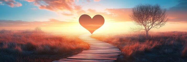 Heart Shaped Pathway to Hope and Love at Sunrise - A heart shaped light shines through the clouds at sunrise, revealing a wooden pathway leading into a mystical field. This image symbolizes hope, love