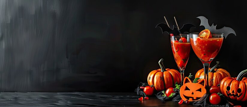 A Halloween themed table featuring pumpkins adorned with bat shaped glasses and a delicious bloody Mary cocktail set against a black wall with copy space image