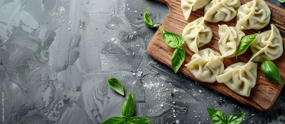 Poster a wooden board with uncooked dumplings and basil leaves on a grey backdrop creates a rustic scene wi