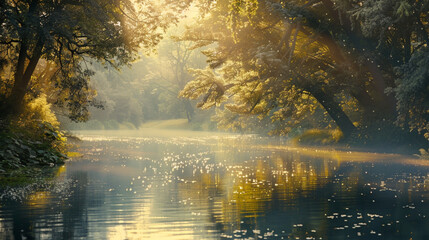 Obraz premium Autumn in the forest, sun shines over the river, gold leaves are falling from the trees
