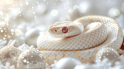 Fototapeta premium A white snake with a red eye lies curled up in white Christmas decorations. The symbol of the Chinese New Year 2025. Background for a New Year's card