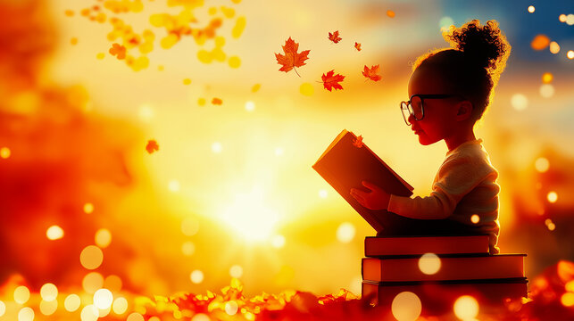 A child enjoys reading during autumn sunset with falling leaves in a joyful moment of discovery