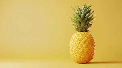 A single ripe pineapple stands on a yellow background. The pineapple has a green top and is slightly tilted to the right.