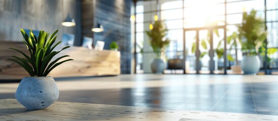 Contemporary office lobby with blurred background ideal for showcasing business products in a copy space image