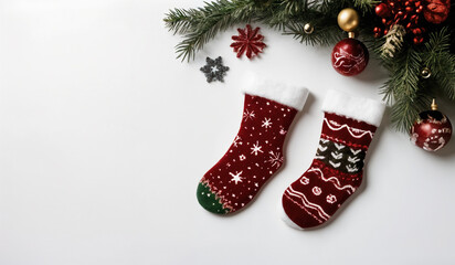 Christmas stockings on white with copy space