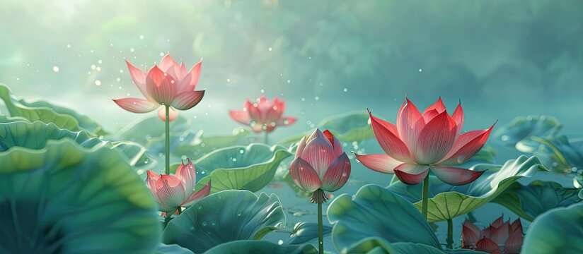 Red lotus flowers shine brightly in summer against the green lotus leaves in the background creating a vivid copy space image