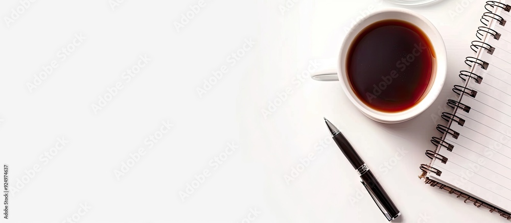 Poster close up view from above of a cup of coffee notebook and pen on a white background with copy space i