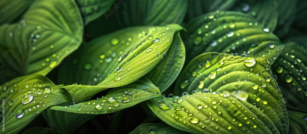 Aufkleber close up photography of raindrops on a large green hosta plantaginea leaf in a park setting during t