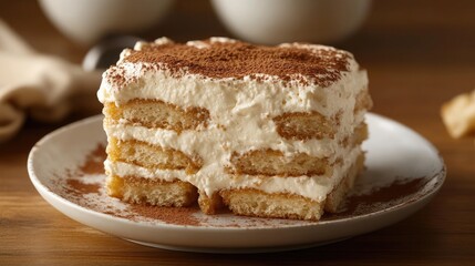 A serving of classic Italian tiramisu, with layers of coffee-soaked ladyfingers and mascarpone cream.