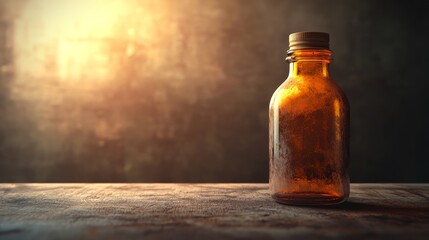 A vintage glass bottle with a cork stopper stands on a wooden table against a backdrop of warm, diffused light.