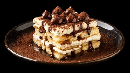 A serving of classic Italian tiramisu, with layers of coffee-soaked ladyfingers and mascarpone cream.