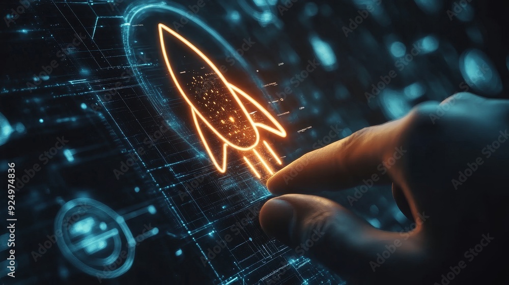 Poster launch your business to new heights with digital innovation - a hand interacts with a digital interf