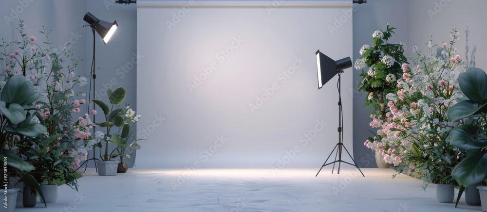 Poster studio setup with grey background professional lights and copy space image available