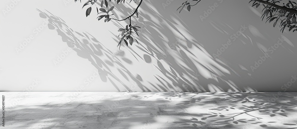 Poster white concrete floor and walls display leaf and branch shadows creating a natural pattern with light