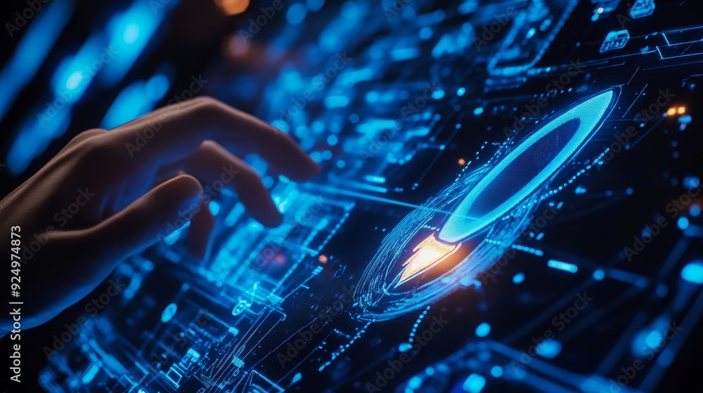Poster launching your business into the digital age: a hand reaching for a rocket icon on a futuristic inte