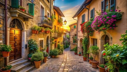 golden hour alleys winding pastel-hued buildings adorned with flower-filled balconies, capturing warmth and intimacy of a serene Italian village morning