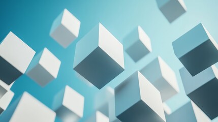 Fototapeta premium Abstract background of white and blue cubes floating in the air. A modern, clean design for business, technology, or science.