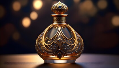 3 Elegant Perfume Bottle: Design an elegant perfume bottle with a luxurious design, featuring intricate patterns and a decorative stopper.

